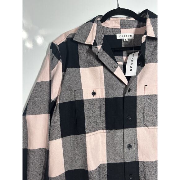 NWT Pacsun Mens Classic Plaid Flannel Button Down Long Sleeve Pink/Black Small - Picture 3 of 12